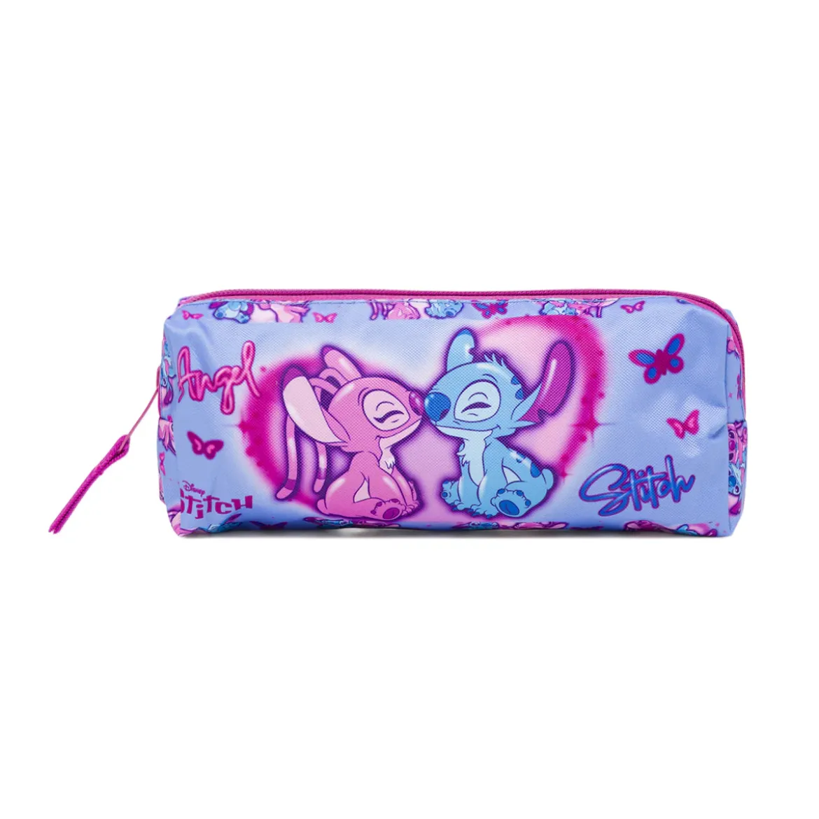 Astuccio Disney Stitch & Angel azzurro e rosa con cuori e farfalle