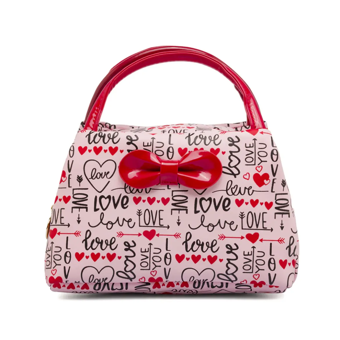 Beauty case Donna Rosa con stampa Love e maxi fiocco vernice Camomilla