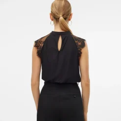 Blusa elegante nera Donna senza maniche con inserti in pizzo Vero Moda