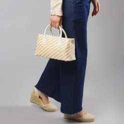 Borsa a mano da Donna bicolore bianco e beige a righe Lora Ferres