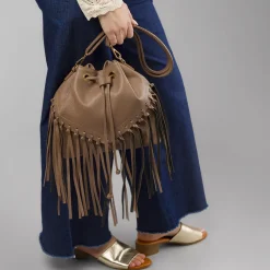 Borsa a secchiello marrone da Donna con frange e tracolla Lora Ferres