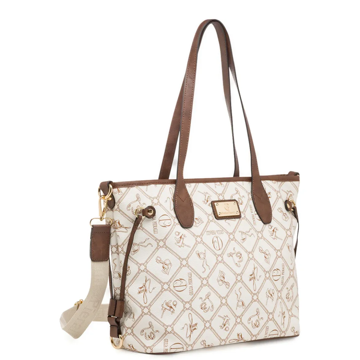 Borsa da Donna beige con stampa logata e tracolla Giulia Pieralli