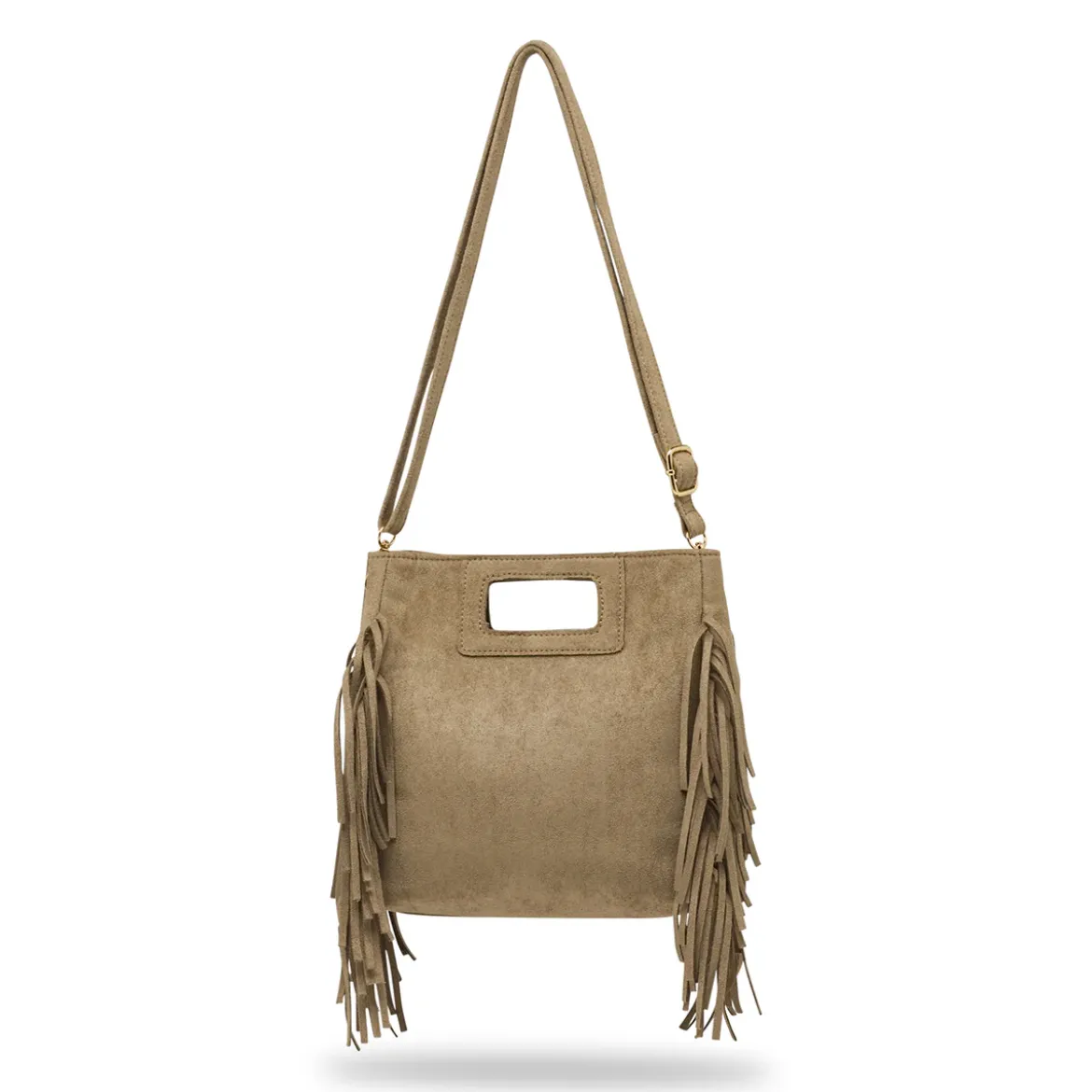 Borsa da Donna color taupe effetto scamosciato con frange Lora Ferres