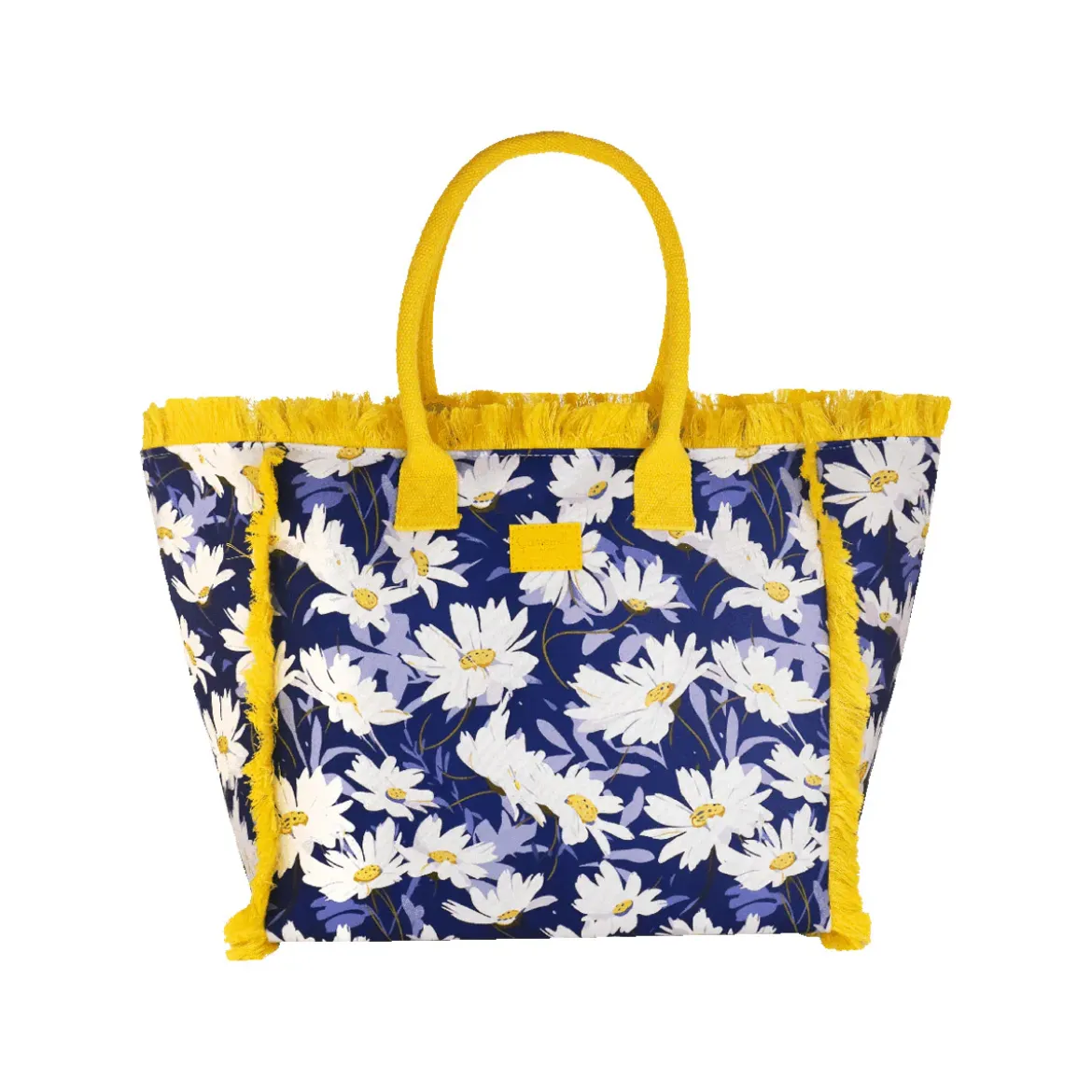 Borsa mare blu con fiori e frange gialle da Donna Camomilla Milano