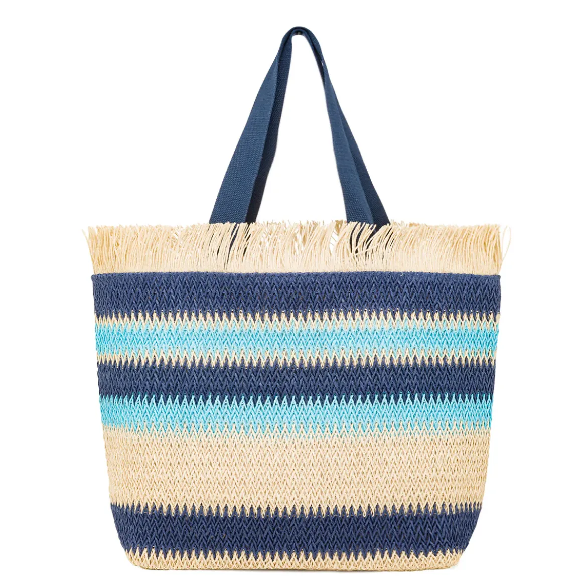 Borsa Mare da Donna in Rafia da Donna a Righe Azzurre con Frange Lora Ferres On The Beach