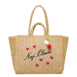 Borsa mare effetto rafia da Donna beige con ricamo fragole Naj Oleari