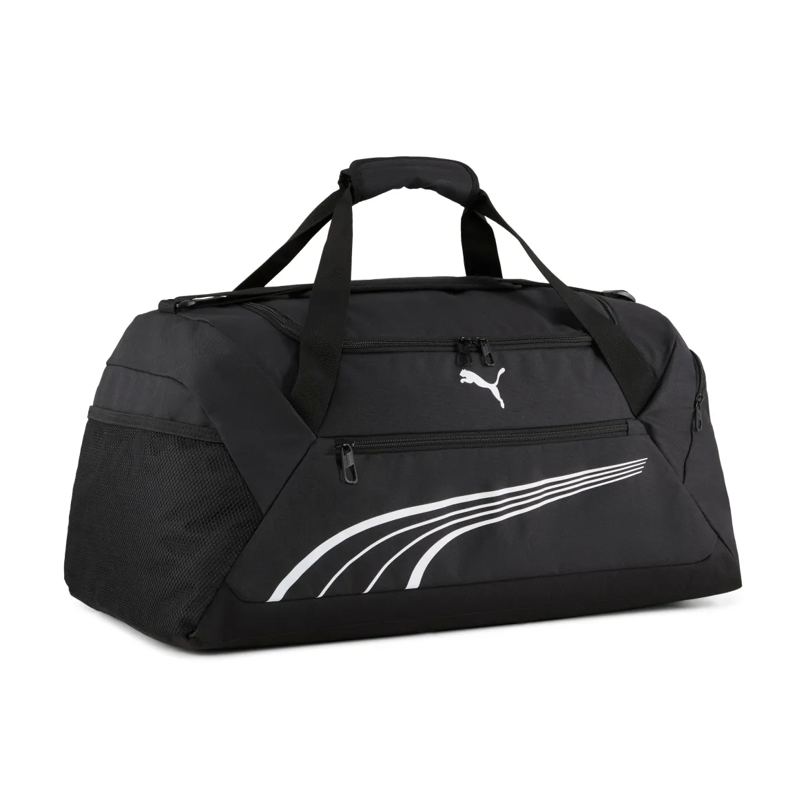 Borsone sportivo nero con tasche e tracolla con logo Puma Phase