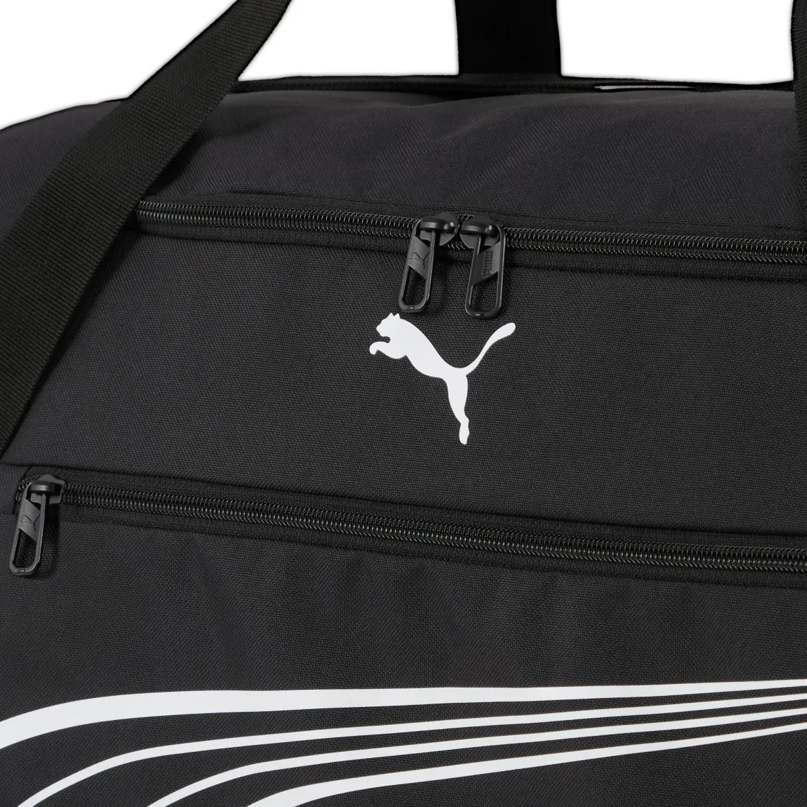 Borsone sportivo nero con tasche e tracolla con logo Puma Phase