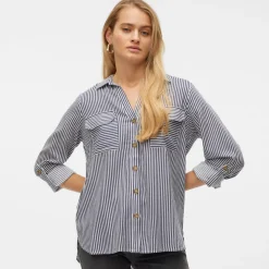 Camicia bianca a righe blu da donna con tasche Vero Moda