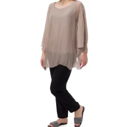 Camicia Taupe a Maniche Corte da Donna Semi Trasparente con Fodera Swish Jeans