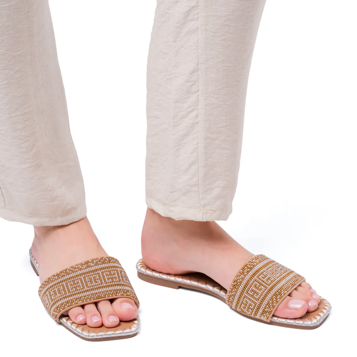 Ciabattine Flat bianche da Donna con decorazione Perline Lora Ferres