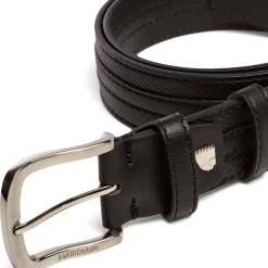 Cintura da Uomo Nera con Cuciture Decorative e Fibbia in Metallo Americanino