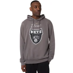 Felpa con cappuccio Grigia da Uomo con tasche e stampa Brooklyn Nets NBA