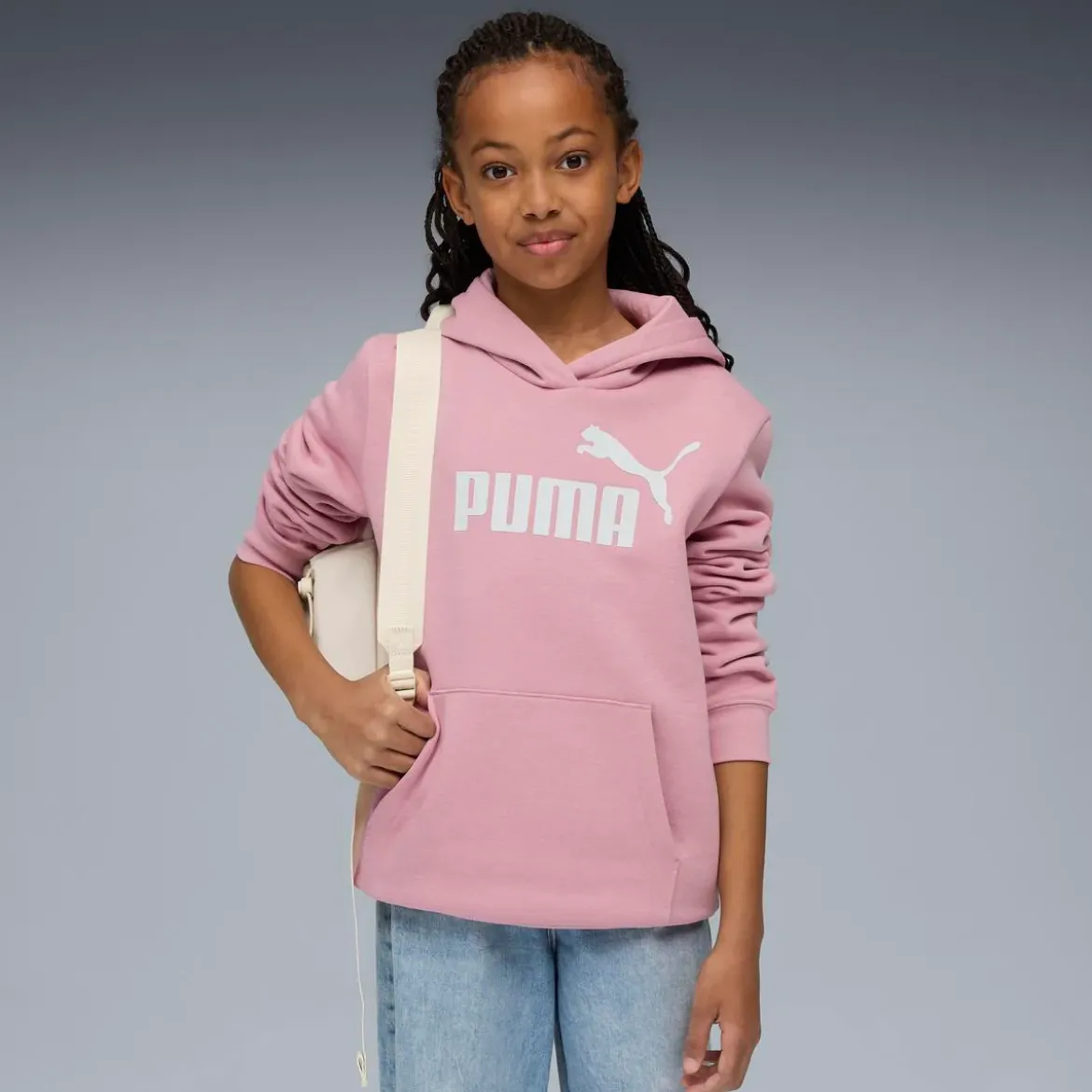Felpa da bambina rosa con cappuccio e grande logo bianco Puma Essentials