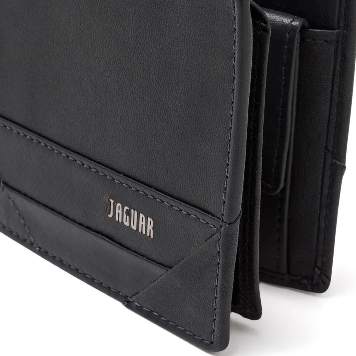 Portafoglio da uomo blu in pelle con cuciture e logo frontale Jaguar