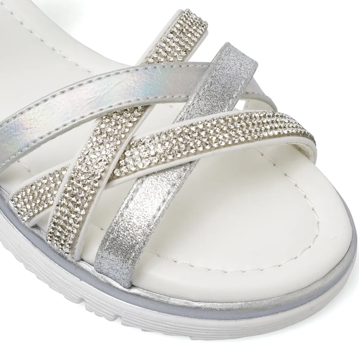 Sandali Bianchi Bambina con strass e fasce glitter argento Dieci Baci