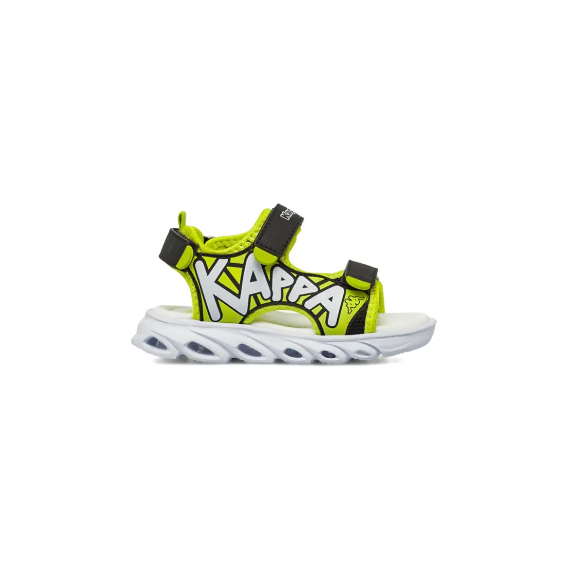 Sandali da Bambino neri e verde fluo con triplo strappo e luci Kappa