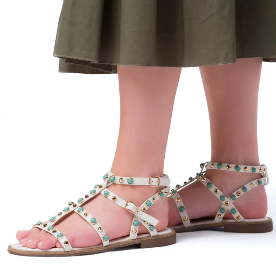Sandali Flat Bianchi da Donna con dettaglio Borchie sulla tomaia Lora Ferres