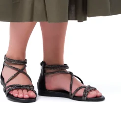 Sandali Flat Neri da Donna con dettaglio gioiello Strass Lora Ferres