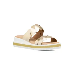 Sandali oro da donna con doppia fascia intrecciata e zeppa comoda P Soft