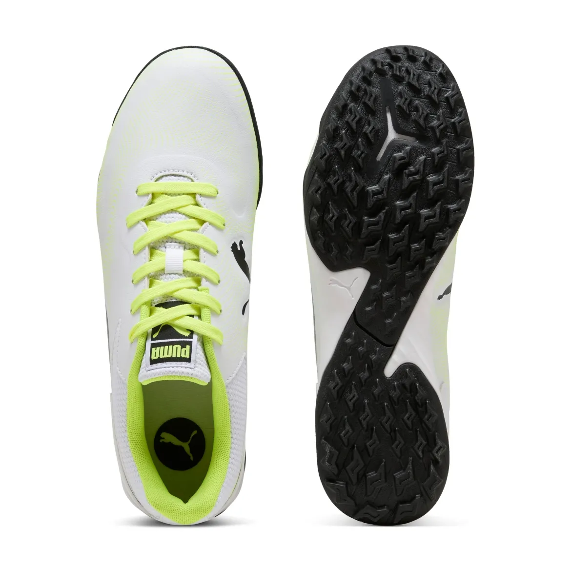 Scarpe da calcetto uomo bianche con dettagli neri e giallo fluo Puma Truco III TT