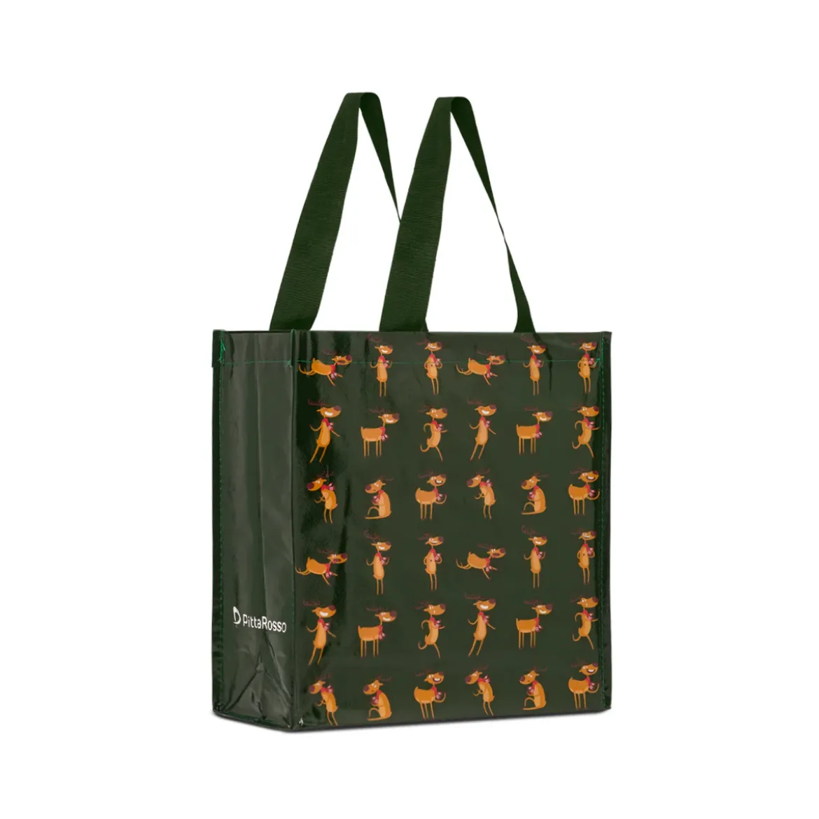 Shopper natalizia verde piccola in TNT con grafica renne