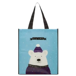 Shopper riutilizzabile azzurra e nera media in TNT con grafica orso