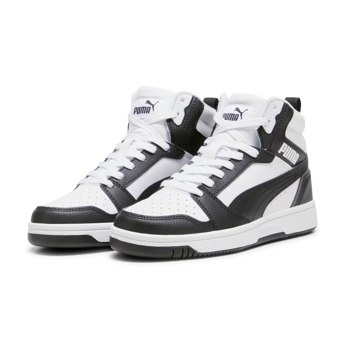 Sneakers alte da ragazzo bianche con dettagli neri e grigi Puma Rebound V6