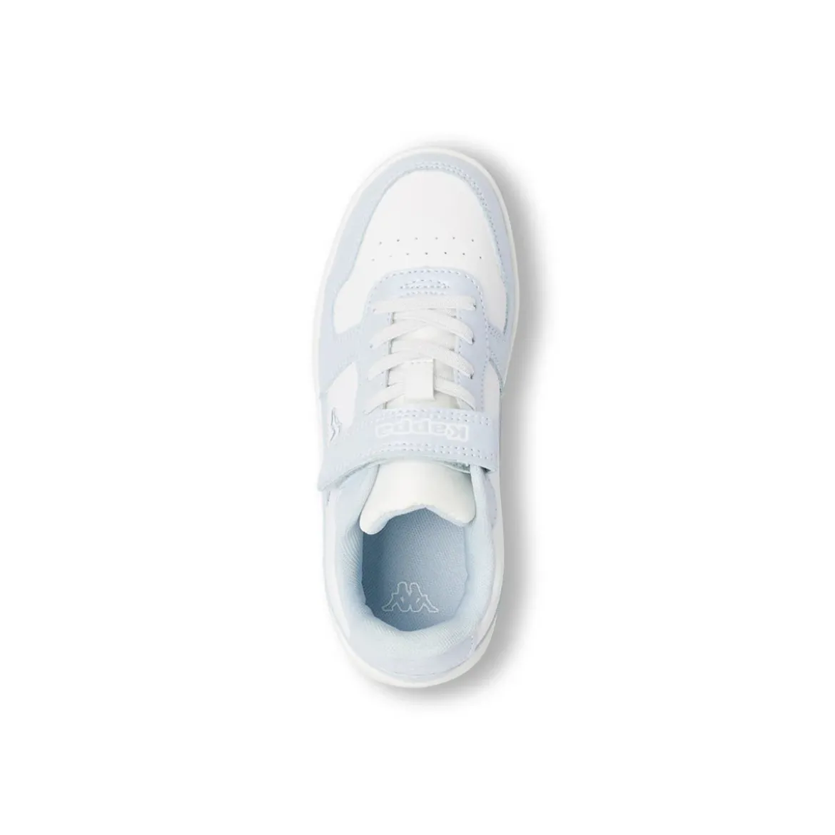 Sneakers bambina Kappa bianche e azzurre con lacci elastici e strappo