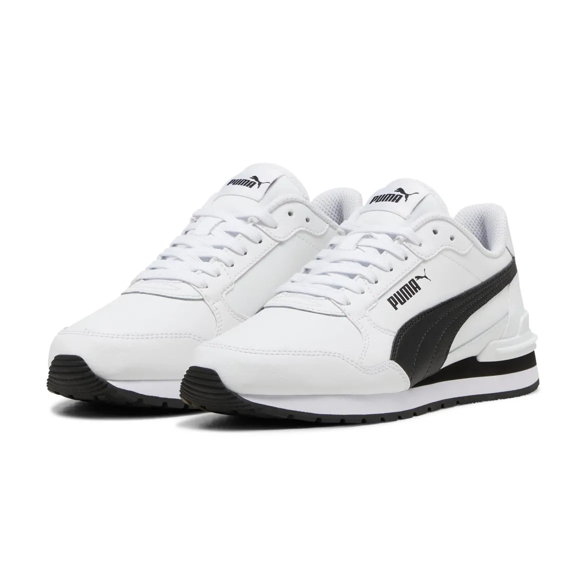 Sneakers bianche e nere da ragazzo e ragazza con logo Puma Runner v4