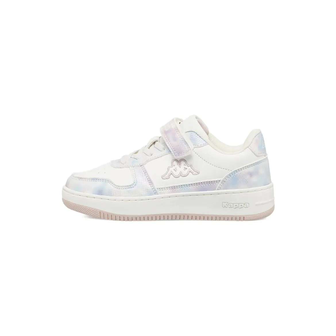 Sneakers da bambina Kappa bianche con strappo e dettagli iridescenti
