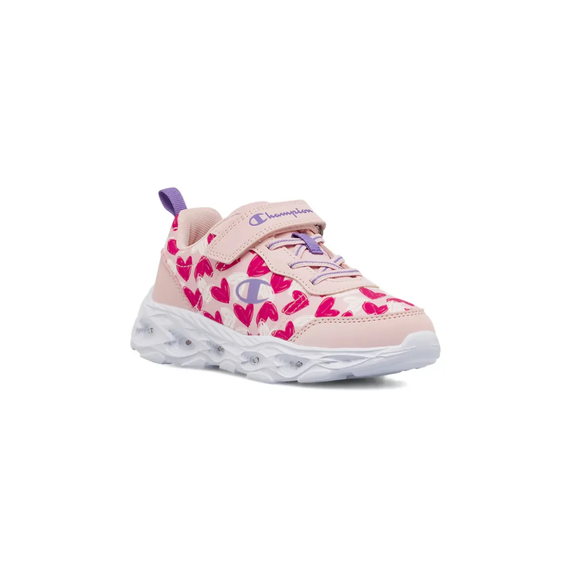 Sneakers Rosa da Bambina con stampa cuori e luci nella suola Champion