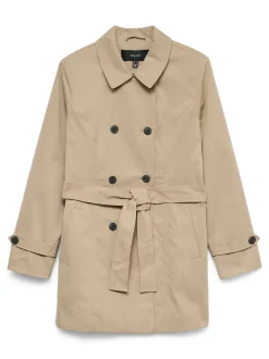 Trench Beige Donna doppiopetto corto con cintura e rever Vero Moda