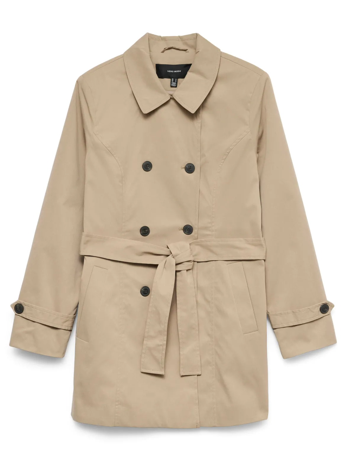 Trench Beige Donna doppiopetto corto con cintura e rever Vero Moda