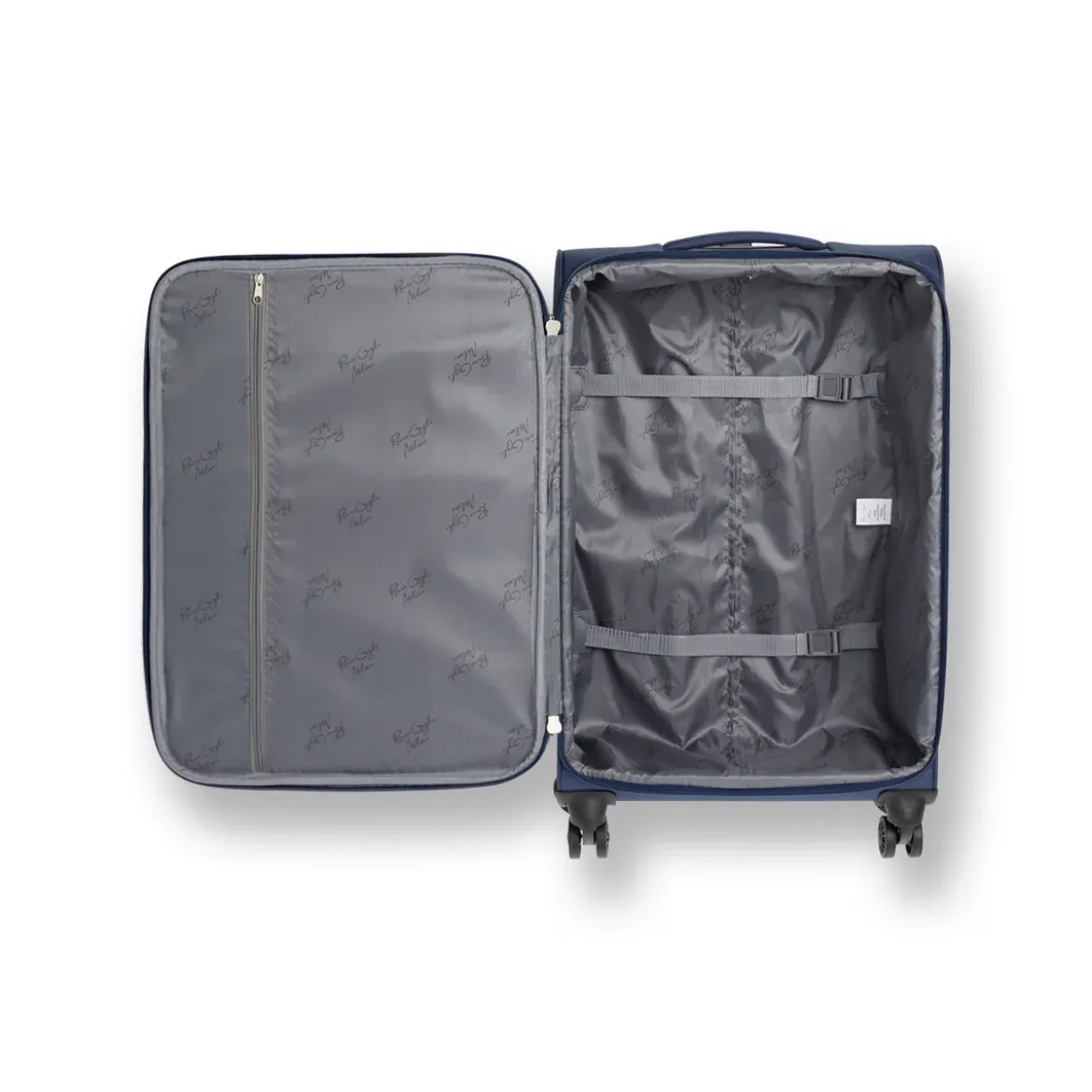 Trolley piccolo in tessuto blu con inserti ocra Romeo Gigli Milano