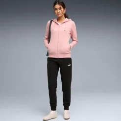 Tuta da donna rosa e nera Puma con felpa con cappuccio e zip
