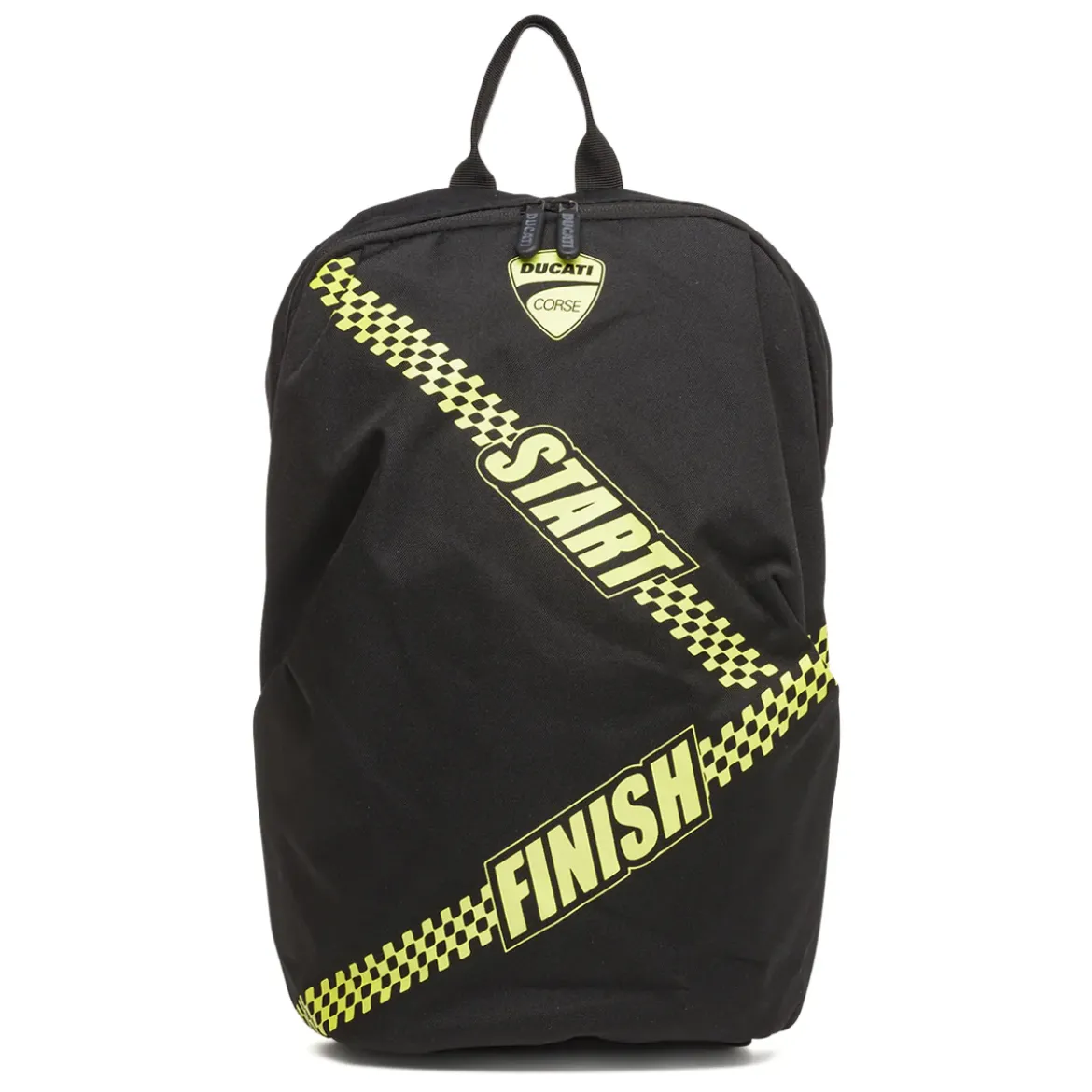 Zaino sportivo nero con dettagli giallo fluo e logo Ducati Corse